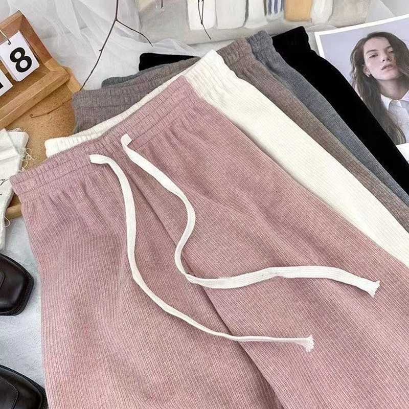 Casual Elastic Waist Fleece Pants Women 2025 Drawstring Lace Up Wide Leg Trousers Woman Pocket Warm Autumn Winter Pants FemaleT251025