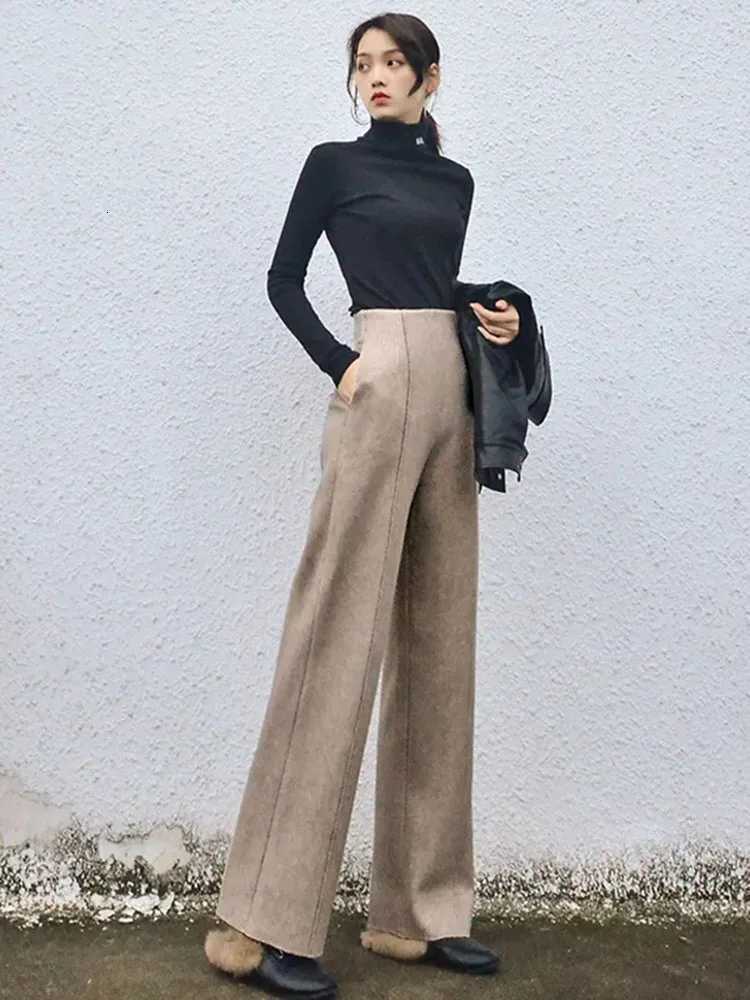 Autumn Winter Warm Woolen Wide Leg Pants Korean Fashion Womens Pantalones Casual High Waist Baggy Thicken Straight SweatpantsT251025