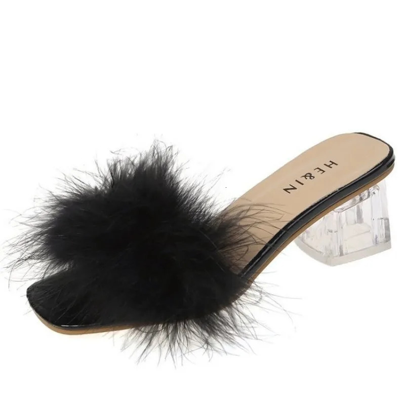 Mules Sandal Women Summer Outdoor Fashion Slippers Square Toe High Heels Office Ladies Feather Slides Chic Classics Furry Shoes 251023
