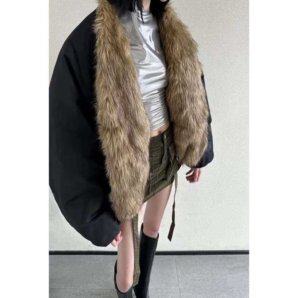 Jusahy Women Winter New Furry Solid Casual Street Chic Straight Classic Thicken Patchwork Turn Down Collar Padded Jacket NEW