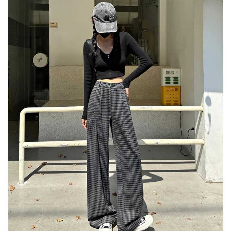 MEXZT Plaid Woolen Pants Women Fashion Streetwear Baggy Wide Leg Pants Winter Ladies Harajuku Korean Casual Straight TrousersT251025