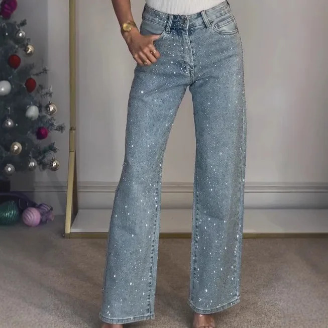 Straight Jeans for Women Diamonds Pants Stretch High Waist Washed Distressed Pockets Vintage Denims Streetwear Female Trousers 251023