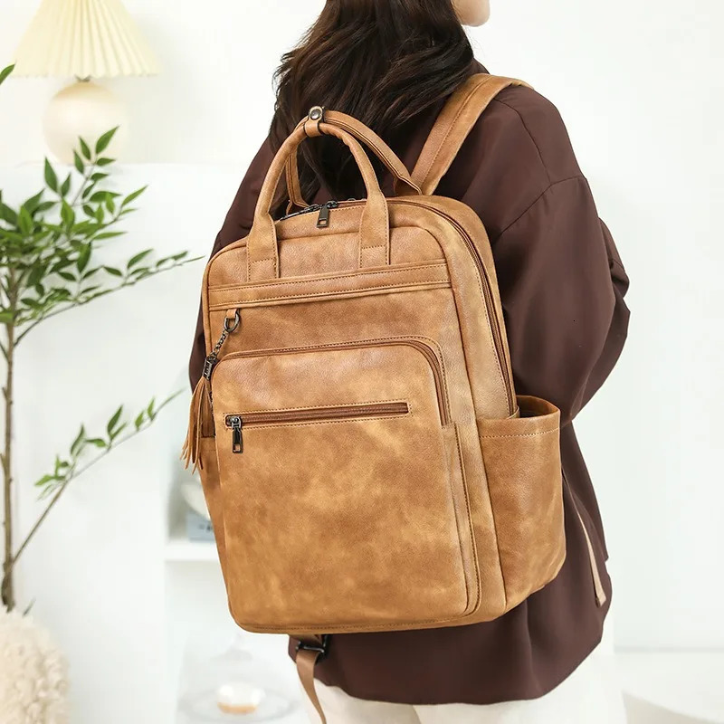 Vintage PU Leather Backpacks for Women156 Inch Laptop Backpack Ladies Purse College Daypack Work Business Casual Travel Bag 251018