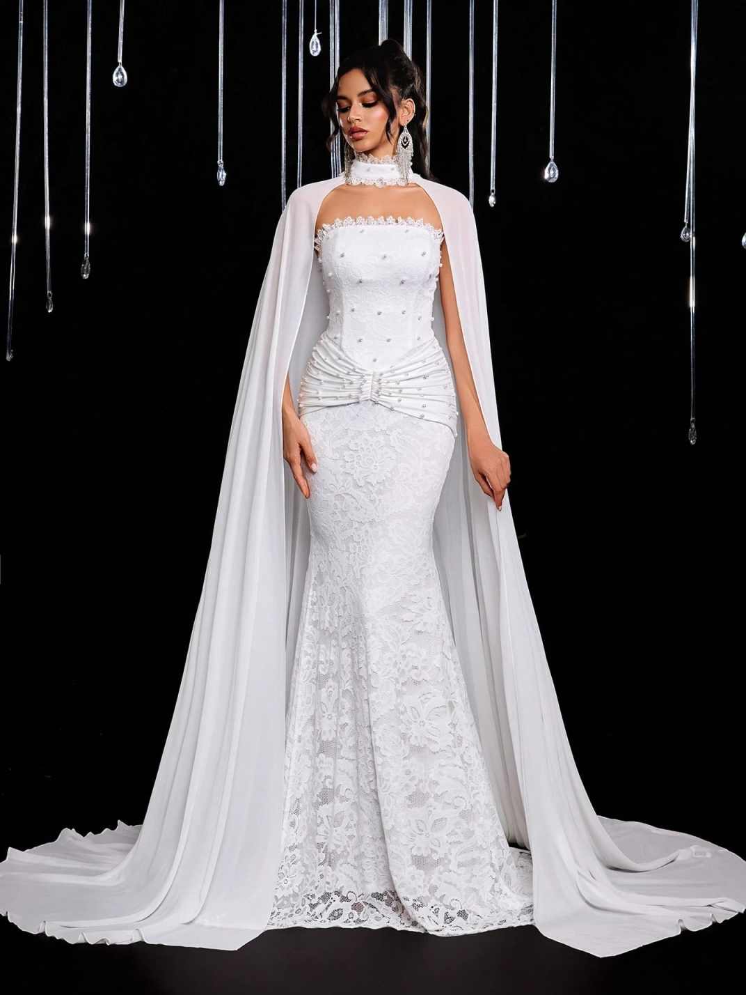 Luxury Lace Wedding Dress for Women Cloak Mermaid Pearls Chapel Train Ruched Engagement Vestidos De Gala Customized
