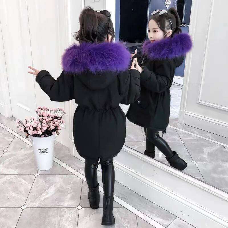 Teenager Girls Fur Collar Hooded Winter Coat 2025 New Kid Solid Color Waist Cinching Thicken Warm Parka Children Snowsuit