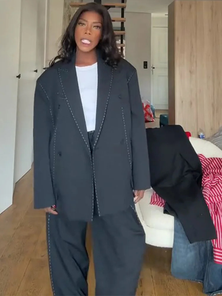 Oversize Contrast Stitch Structured Suit Set Lapel DoubleBreasted Blazer Straight Leg Pants 2025 Chic Retro Lady Commute Sets 251013
