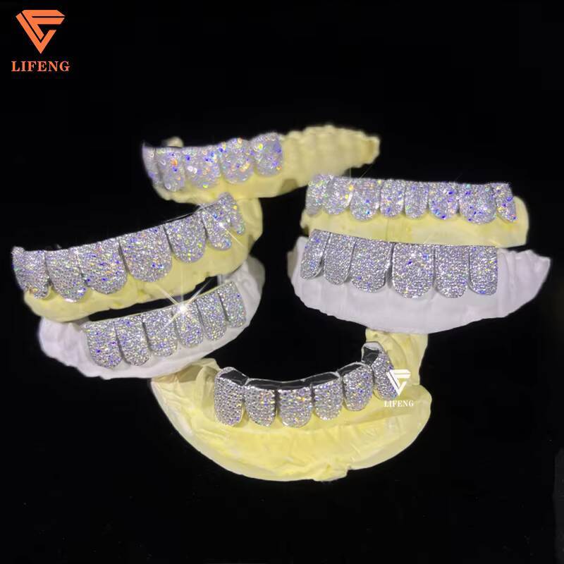 Lifeng Custom 8 Teeth Deep Perm Cut VVS Moissanite Hip Hop Iced Grillz in 18K Plated White Gold and Sterling Silver Jewelry