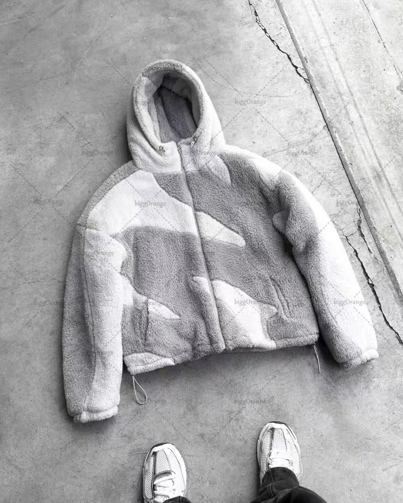 Designer Y2K European and American lambswool splicing cardigan zipper hooded street jacket for men and women
