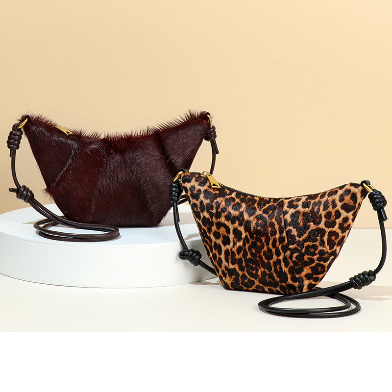 New High-End for Women French Niche Design Croissant Leopard Print Horsehair Genuine Leather Dumpling Bag
