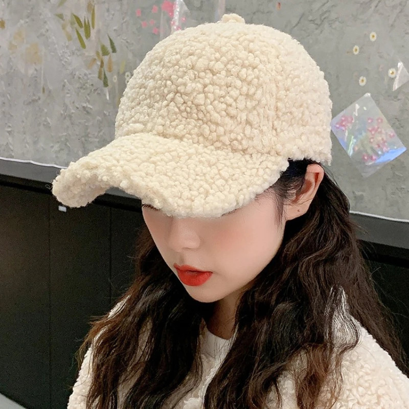 Lamb Wool Cap Women Baseball Cap Autumn Winter Warm Hat Lady Girls Outdoor Warm Winter Spring Plush Fuzzy Men Caps Hat 251023