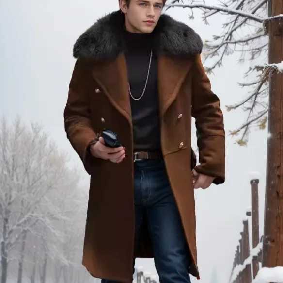 European and American Mens Casual Woolen Coat for Autumn and Winter Young Mens Doublebreasted Fur Collar Overcoat S5XLT251025