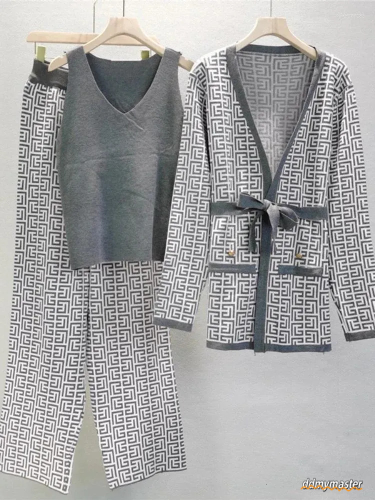 Women's 3-Piece Knitted Tracksuit Set: Warm Winter Outfit With Jacket, Sweater, Top, And Pants Ddmymaster
