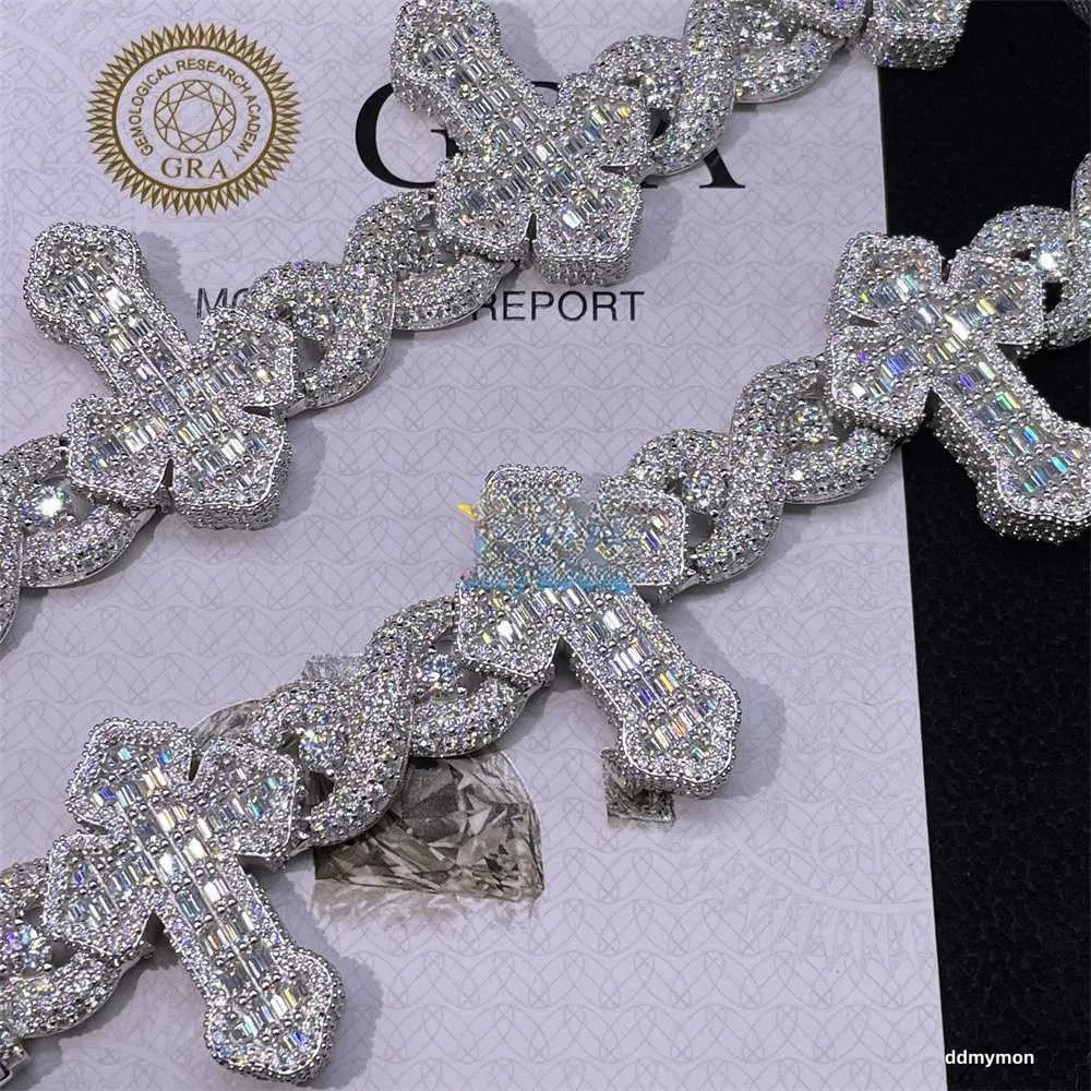 Cross Design Hip Hop Jewelry Sier Charm Iced Out VVS Baguette Moissanite Cuban Bracelet Ddmymon