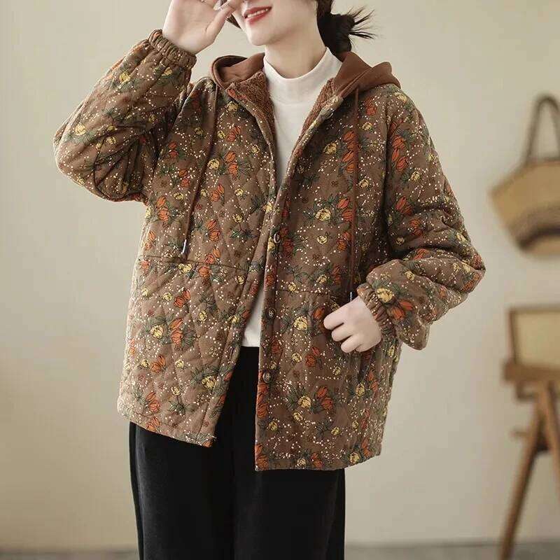 2025New Autumn Winter With Cotton-Padded Jacket Women Mid-Aged Mother Hooded Floral Plus Veet Warm Parkas Coat Female Coats Designer Women