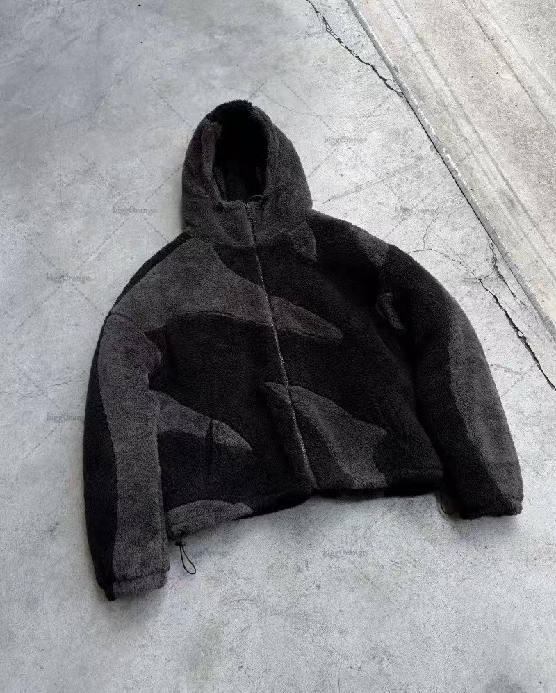 Designer Y2K European and American lambswool splicing cardigan zipper hooded street jacket for men and women