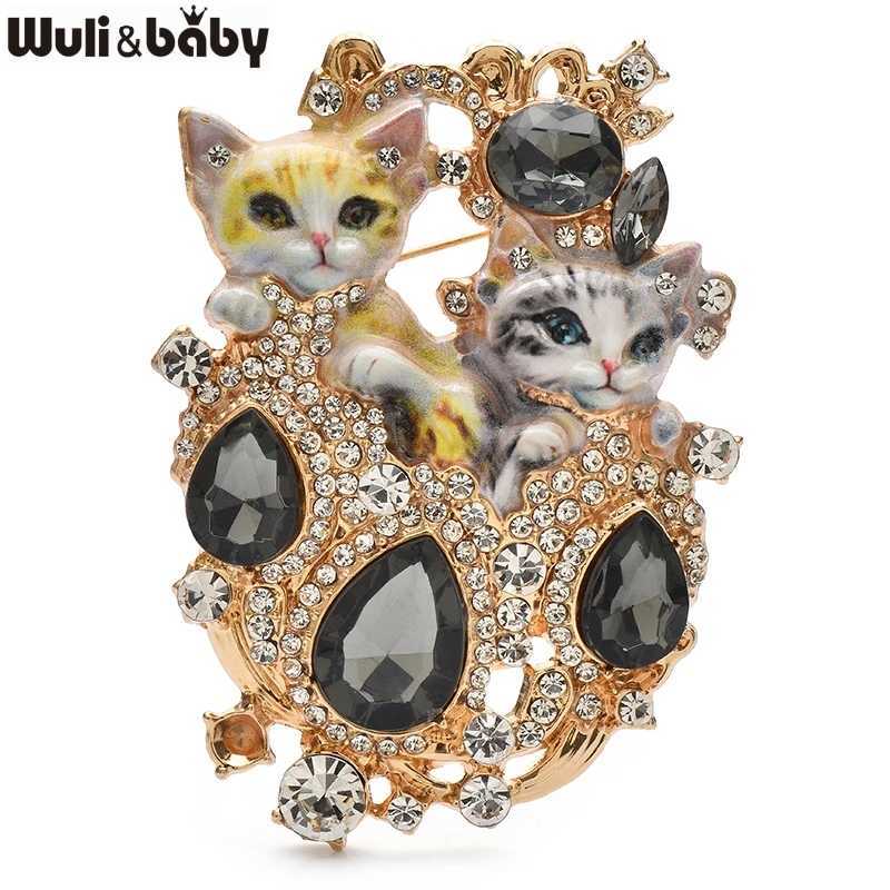 Wulibaby Lovely 2 Cats Brooch Pins 4color Enamel Royal Style Charming Cat Pets Brooches For Womens Clothes Badge Gifts J251115