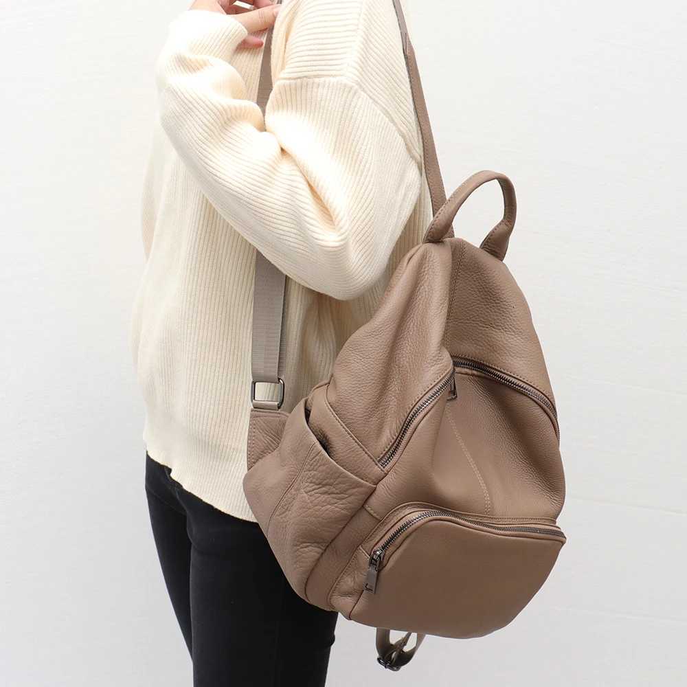 Fashionable Soft Real Cowhide Backpack Women Men Multi Zip Pockets Solid Color Versatile Daily Casual Spacious Knapsack Travel W251025