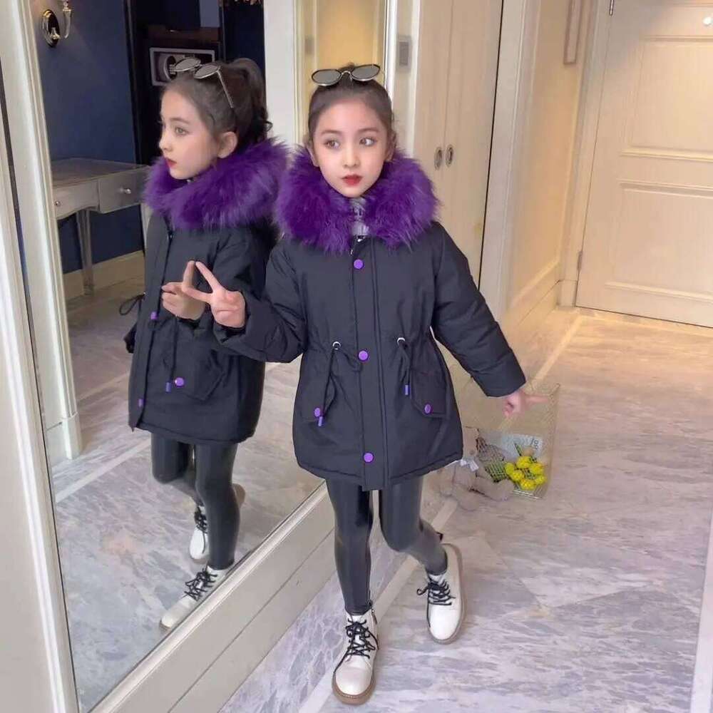 Teenager Girls Fur Collar Hooded Winter Coat 2025 New Kid Solid Color Waist Cinching Thicken Warm Parka Children Snowsuit
