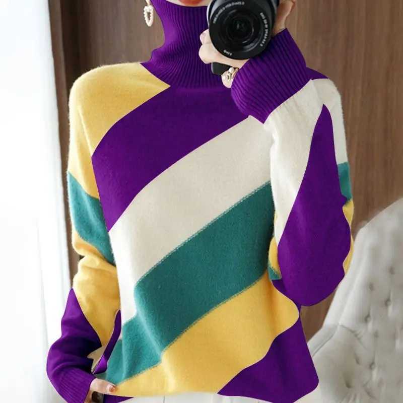 Autumn Winter New Turtleneck Long Sleeve Fashion Sweater Women High Street Contrast Color Pullovers Casual Elegant Allmatch TopT251025