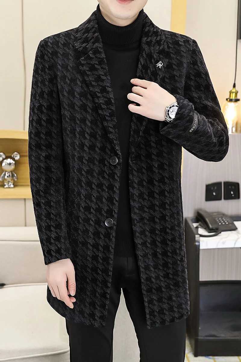 2022 Winter Long Wool Blends Jacket Men Fashion Plaid Casual Business Trench Coat Thicken Warm Slim Social Overcoat Men ClothingT251025