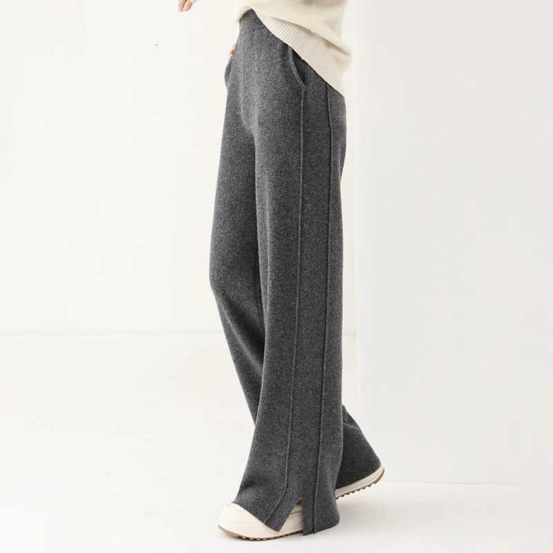 Women Wool Wide Leg Trousers Elastic Waist Side Slit Woman Wool Pants Autumn Winter 100 Merino Wool Knitted Soft Warm TrousersT251025