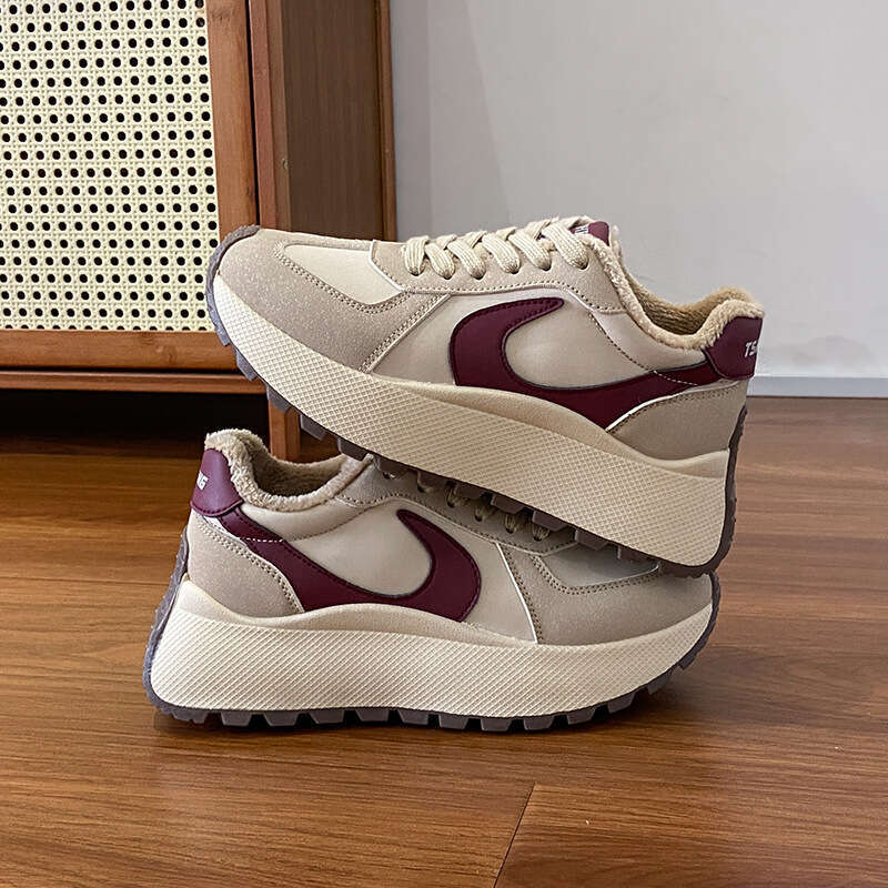 New Autumn Women's Shoes Thick Sole Fleece Lined Student Height Increasing Casual Patchwork Sneakers Trendy Sports Winter Cotton Shoes Warm