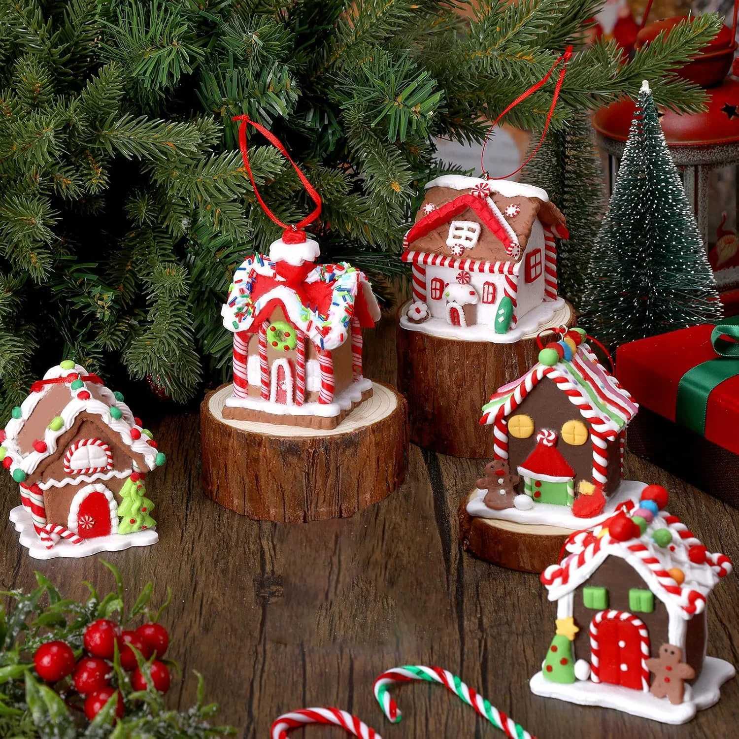 5pcs House Ornaments Holiday Christmas Tree Ornament Set Gingerbread Christmas Decor with Rope Gingerbread House Decor C251024