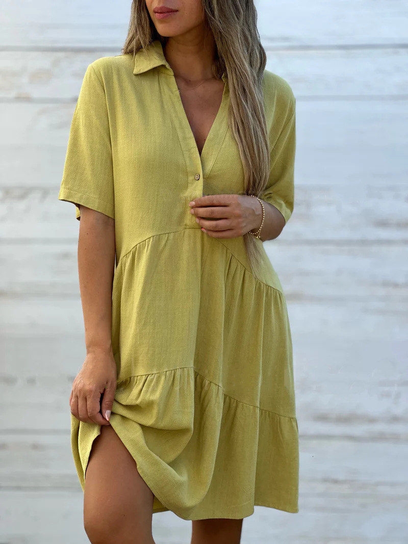 2025 Women's Loose Solid Color Turn-Down Collar Casual Short Sleeve Cotton Dress