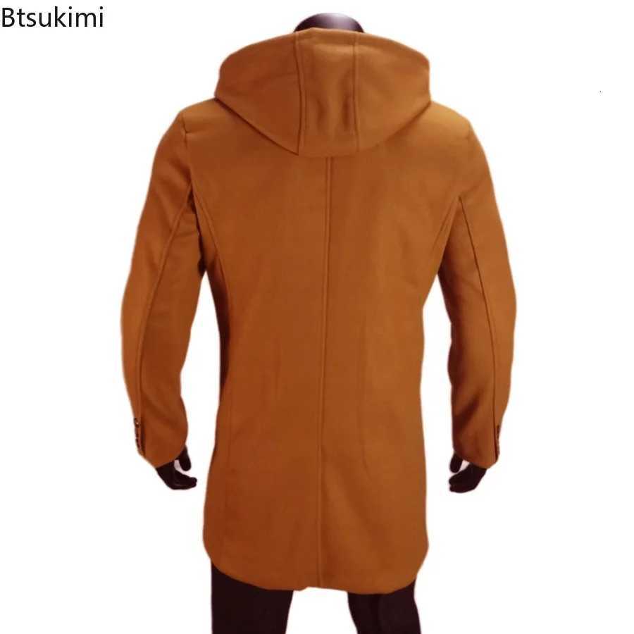 New 2025 Mens Autumn Winter Warm Woolen Jackets Fake Two Pieces Hooded Trench Coats Single Breasted Windbreaker Jackets MaleT251025