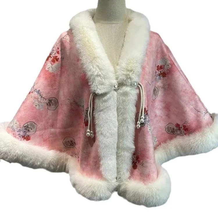 Poncho Cloak Shawl Womens Autumn Winter Short Print Plush Thickened Rabbit Fur Collar Cheongsam Wedding Cape Coat 251024