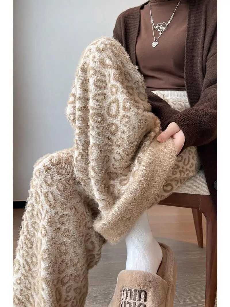Coffee Leopard Print Knitted Wide Leg Pants Women Mink Fleece Warm Winter Doublesided Fleece Winter Pants Lazy Hanging FeelingT251025