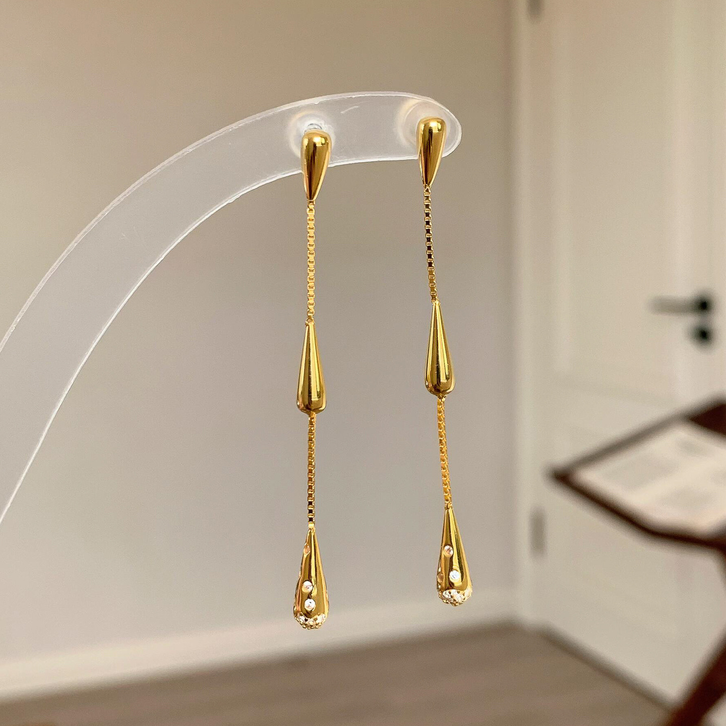 TaiYang New Gold Teardrop Fringe Earrings, Titanium Steel Lightweight Statement Ear Threads for Women