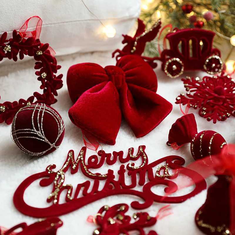 Red Flocking Christmas Bow Wreath Bell Christmas Tree Snowfall Elk Pendant Hanging Ornament Navidad 2026 Noel Home Party Decor C251024