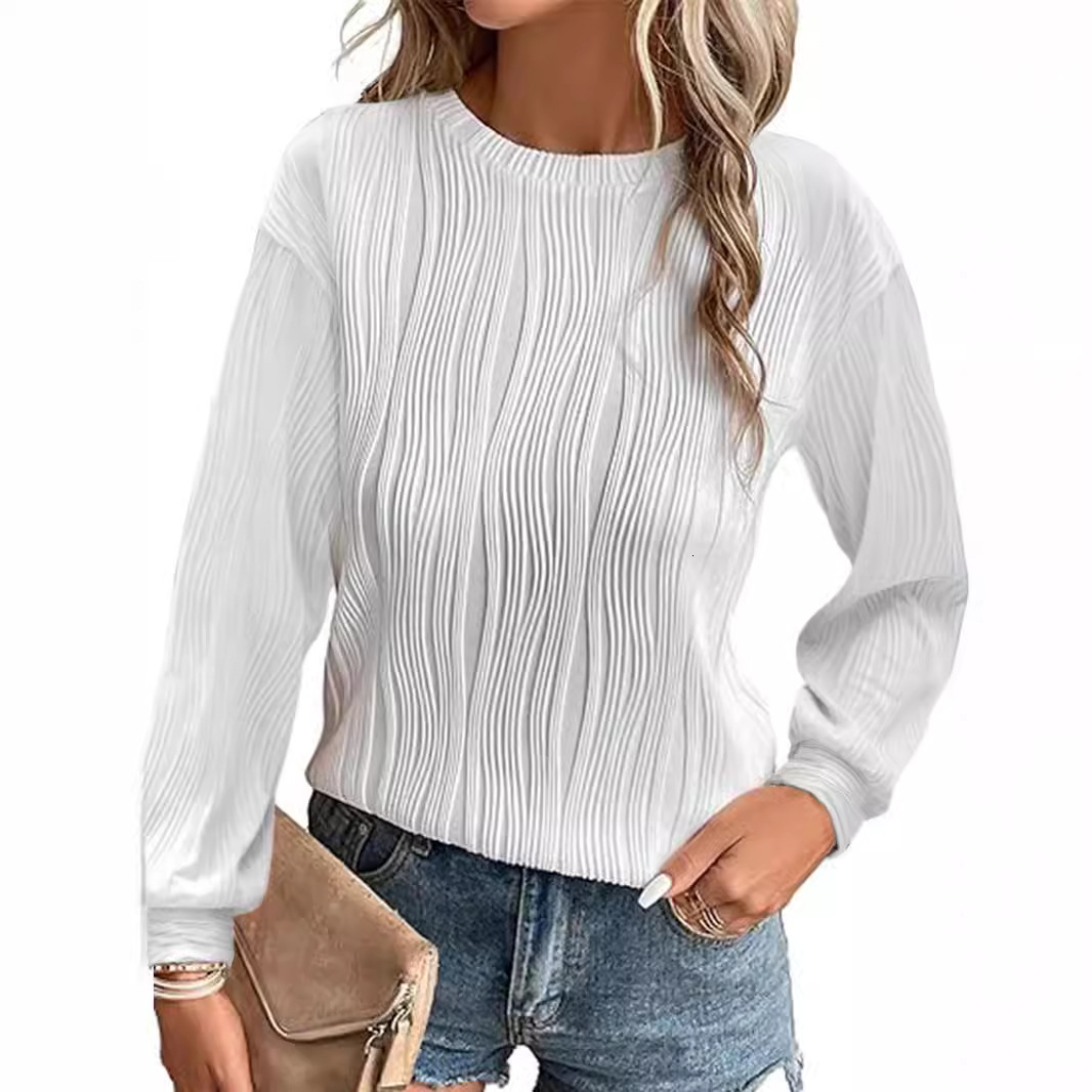 2025 New Drop Shoulder Long Sleeve Textured Round Neck Knitted Solid Color Loose Casual Women's Clothing