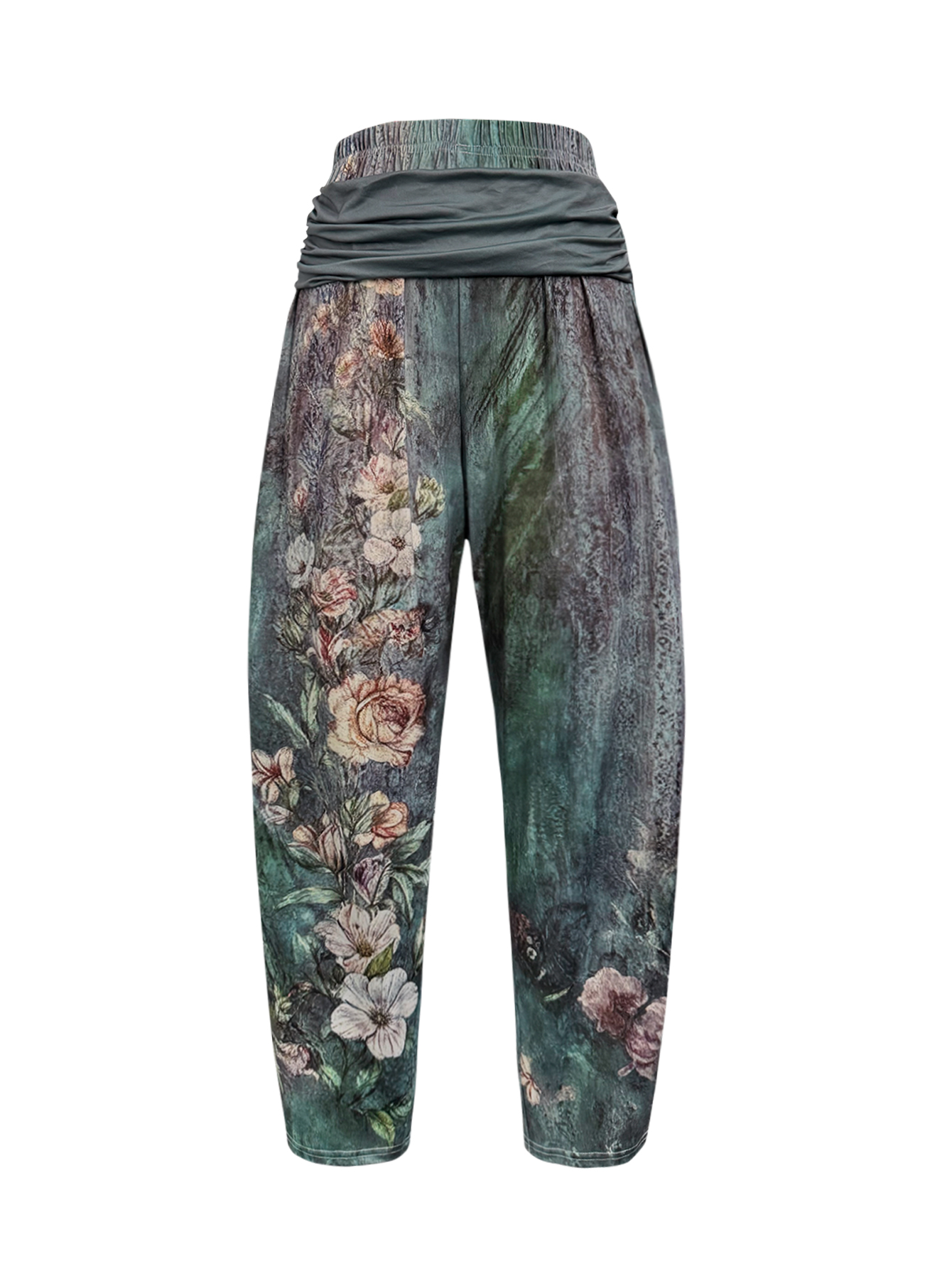 Summer Retro Women's Floral Printed Casual Harem Pants, Milk Silk Small Waist Design Trousers, S-XXL Green---CF53656