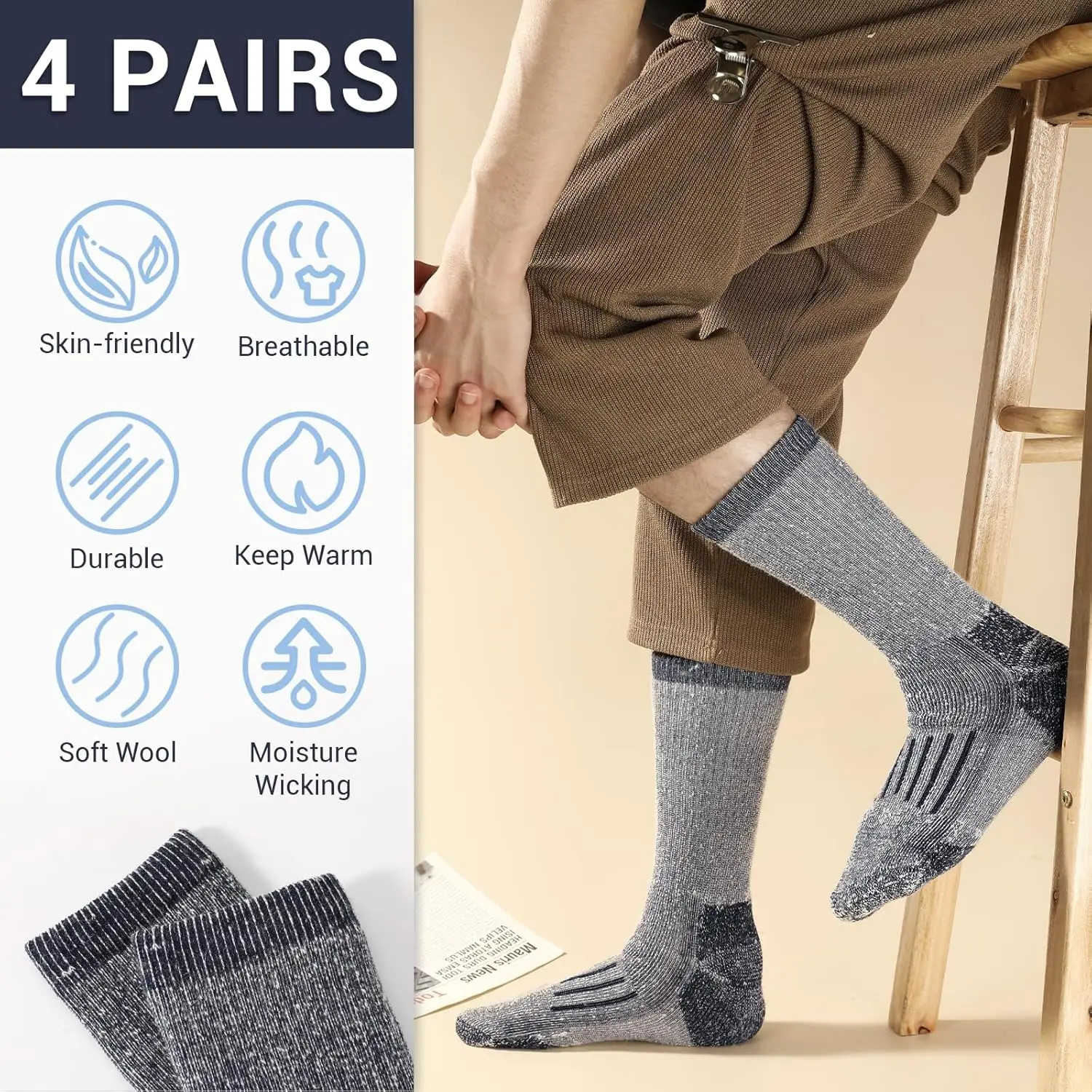 4 Pairs 80 Merino Wool Socks for Men Women Winter Thick Warm Merino Wool Hiking Socks Thermal Breathable Boot Skiing Socks 251023