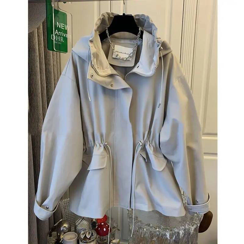 Cotton Khaki Hooded Trench Women's Autumn And Winter New Short Coat Retro Casual Loose Top dongdumaoyi