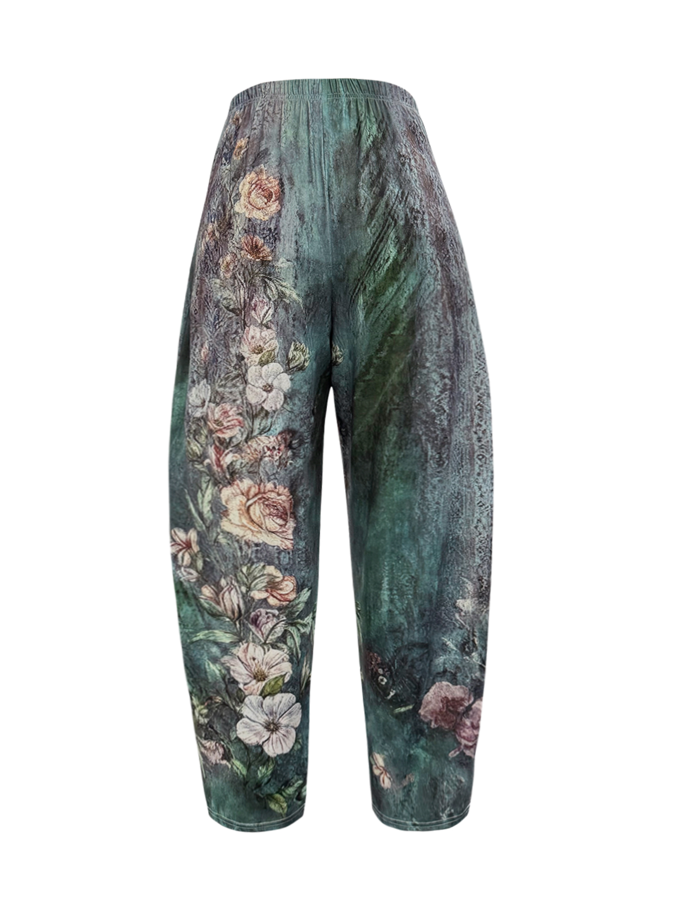 Summer Retro Women's Floral Printed Casual Harem Pants, Milk Silk Small Waist Design Trousers, S-XXL Green---CF53656