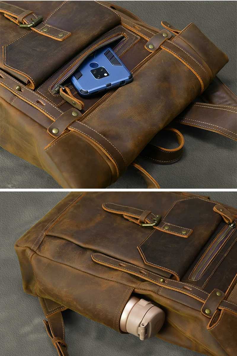 Retro Genuine Leather Mens Backpack Large Hiking Bagpack Bag Crazy Horse Leather Travel Backpack Male Rucksack 156Laptop Bag W251025