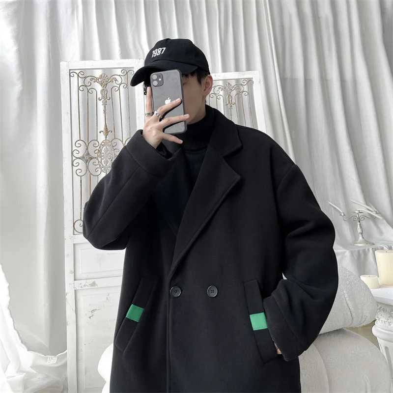 Winter Beige Black Woolen Coat Men Warm Fashion Casual Double Breasted Woolen Jacket Mens Korean Loose Short Woolen Coat MenT251025