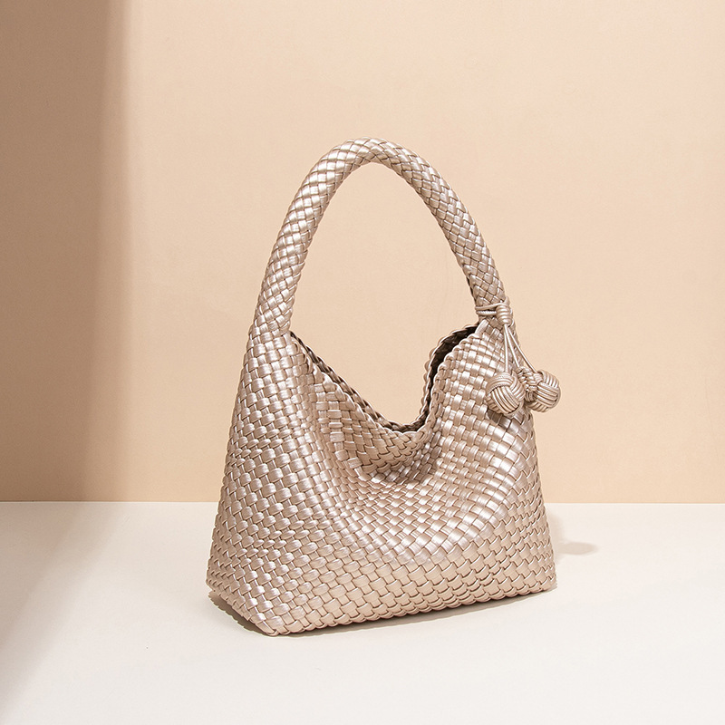 Live Trend Champagne Gold Woven Large Capacity Shoulder Tote High-end Handbag Underarm Bucket Bag