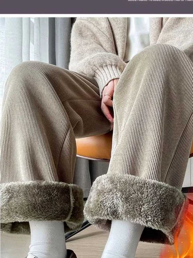 2025 New Autumn and Winter Fashion Versatile and Stylish High Straight Leg Fleece Lined Thick Comfortable Wide Leg PantsT251025