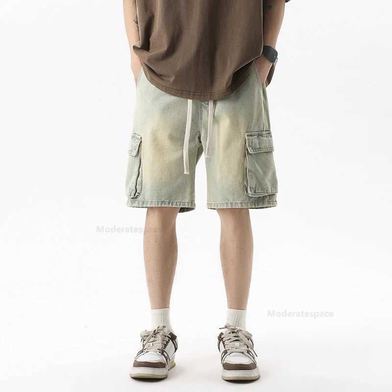 Summer Cargo Jeans Men Pockets Denim Shorts Elastic Waist Loose Straight High Street Wide Kneelength Short PantsXJ251025
