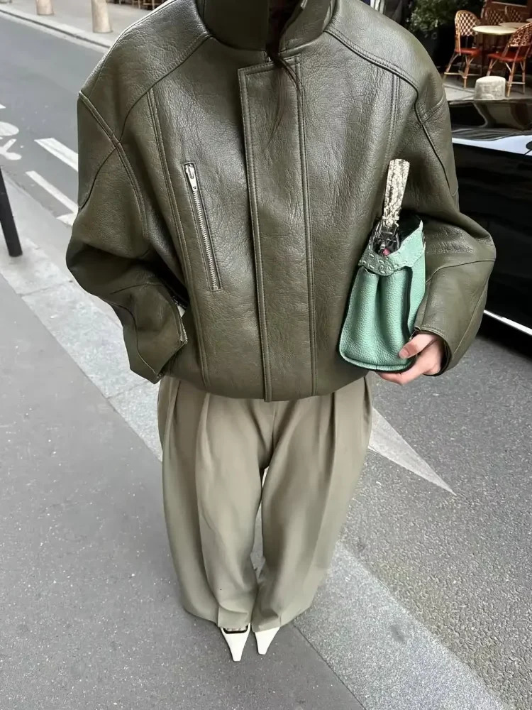 Army Green Pu Leather Bomber Jacket Women Vintage Loose Long Sleeve Zipper Pockets Coat Lady Daily Street Outerwears 251020