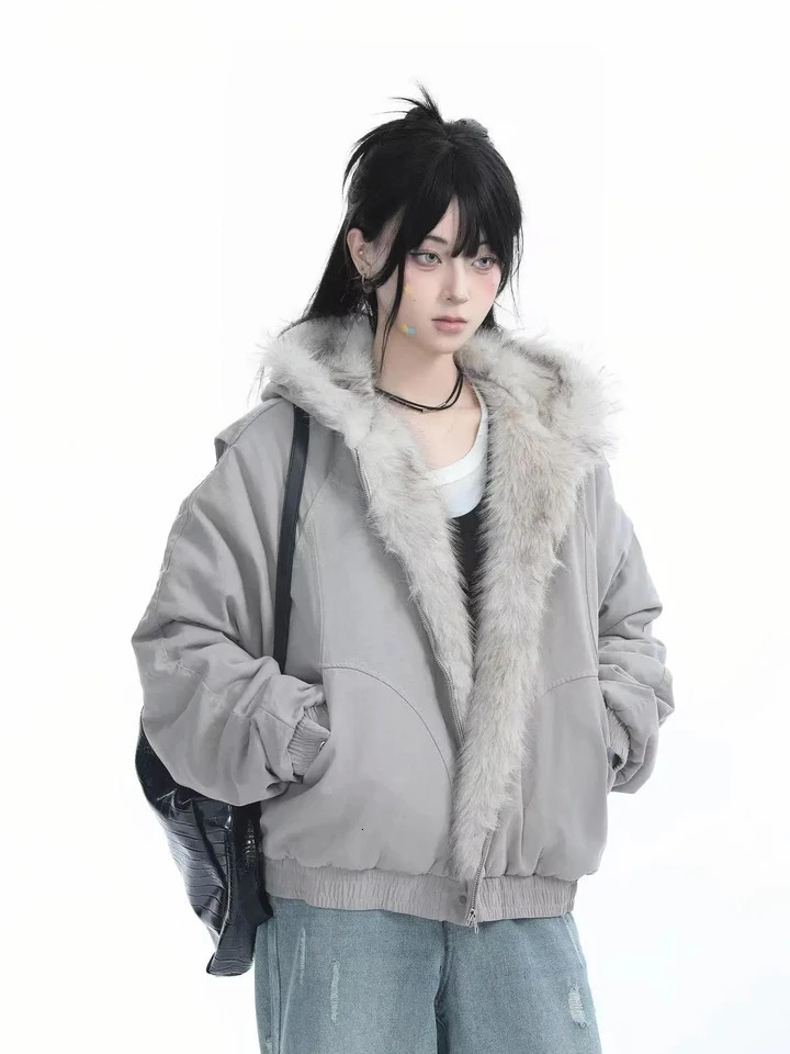 Y2K Fashion Niche Fur Collar Cotton Hooded Jacket Women Retro Streetwear Loose Plus Velvet Warm Harajuku Casual Plush Jacket 251020
