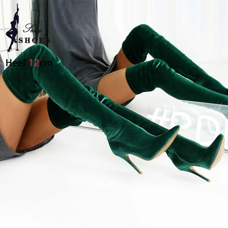 Velvet Long Boots For Women 2024 Spring Autumn Over Knee Shoes Lady Pointed Toe Stiletto Heels Plus Size Elastic Thigh Boots 251023