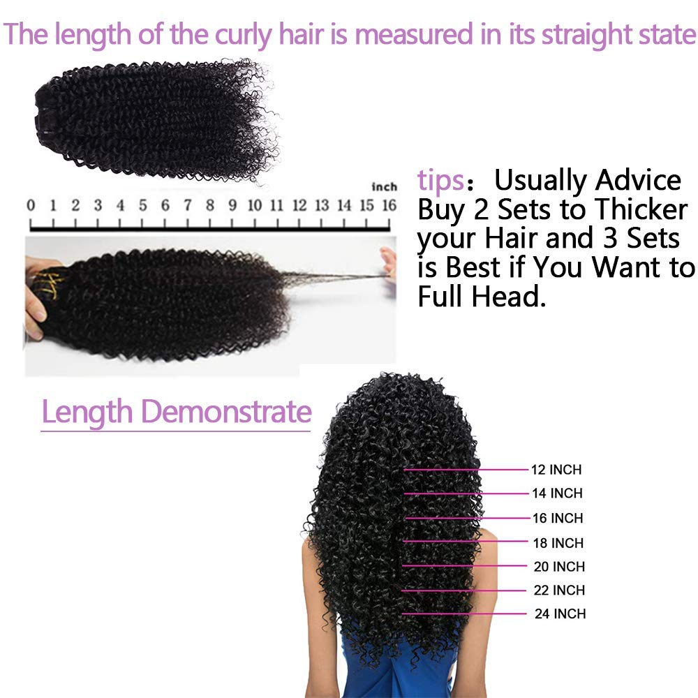 Brazilian Remy Human Hair Clip Ins 4C Afro Curly 8Pcs 18 Clips Full Head Set for Black Women 8-24 Inch Natural Colo