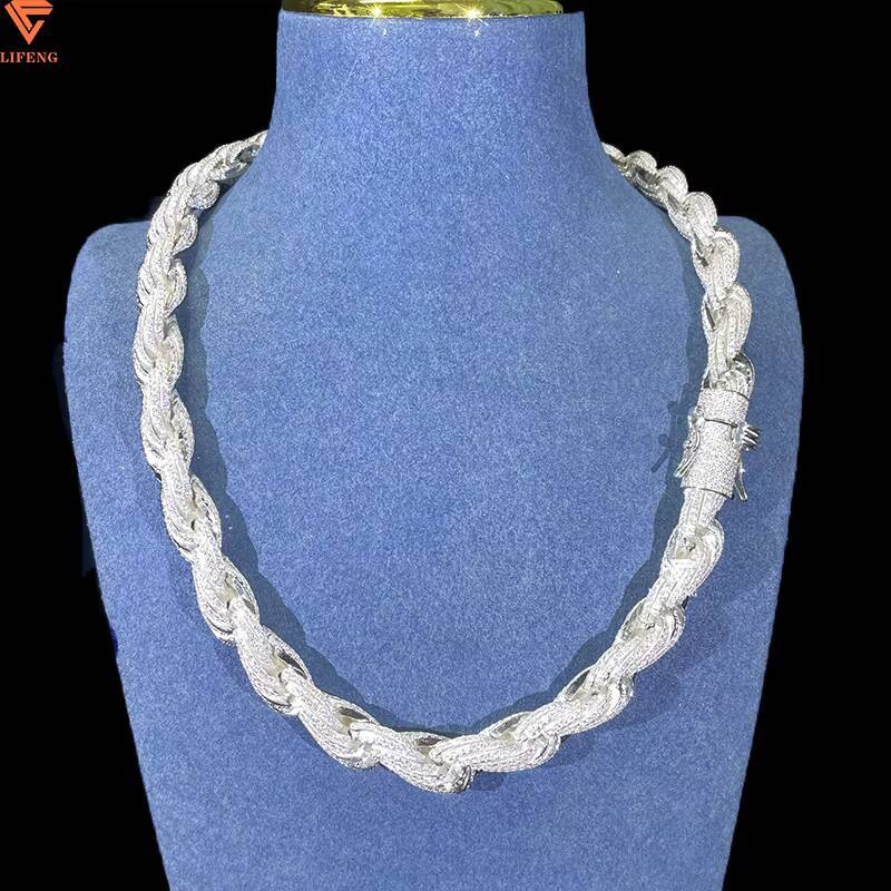 10MM White Gold Plated 925 Silver Iced VVS Moissanite Hip Hop Rope Chain Necklace Popular Fashion Jewelry for Men