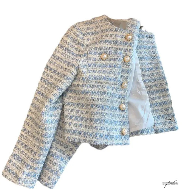 Cropped Cardigan: Elegant Single-Breasted Autumn/Winter Pearl Button Long Sleeve Outwear Top - Perfect For Chic Style, Ladies Blue Tweed Jacket Ddmymo