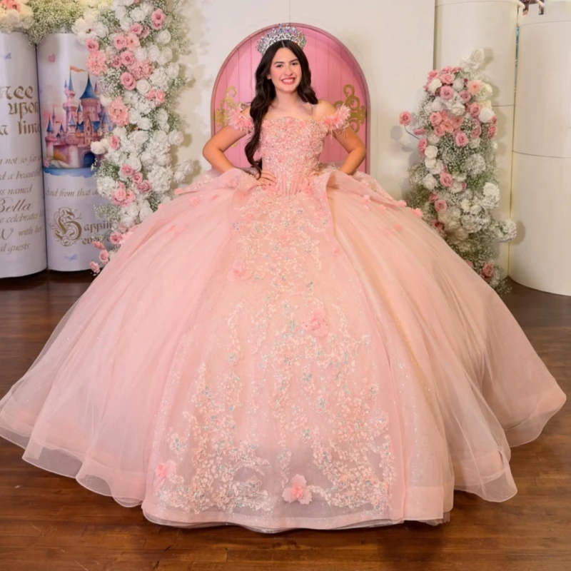 Pink Quinceanera Dresses Ball Gown Off The Shoulder Applique Beads Tull Party Birthday Sweet 16 Dress Vestidos 15 de anos